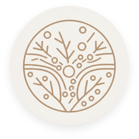 A circular icon with a stylized, brown line drawing of a plant with berries.