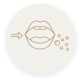 A circular line-drawing icon of an open mouth with an arrow pointing in and bubbles coming out.