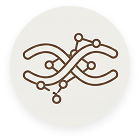 A circular icon with a brown, stylized DNA double helix and network nodes.