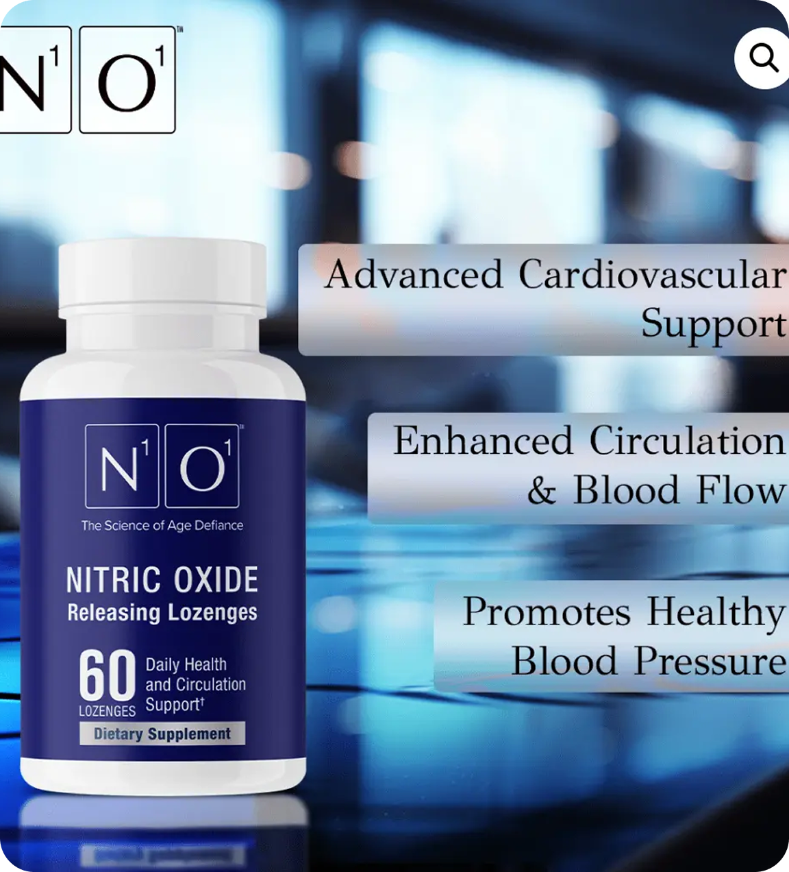 A bottle of N1O1 Nitric Oxide Releasing Lozenges with text describing cardiovascular and circulation benefits.