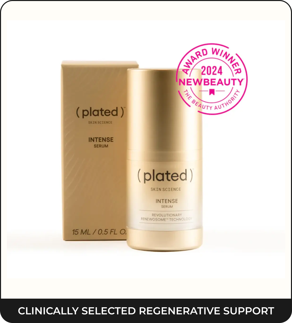 A gold bottle and box of (plated) Skin Science Intense Serum on a white display stand.