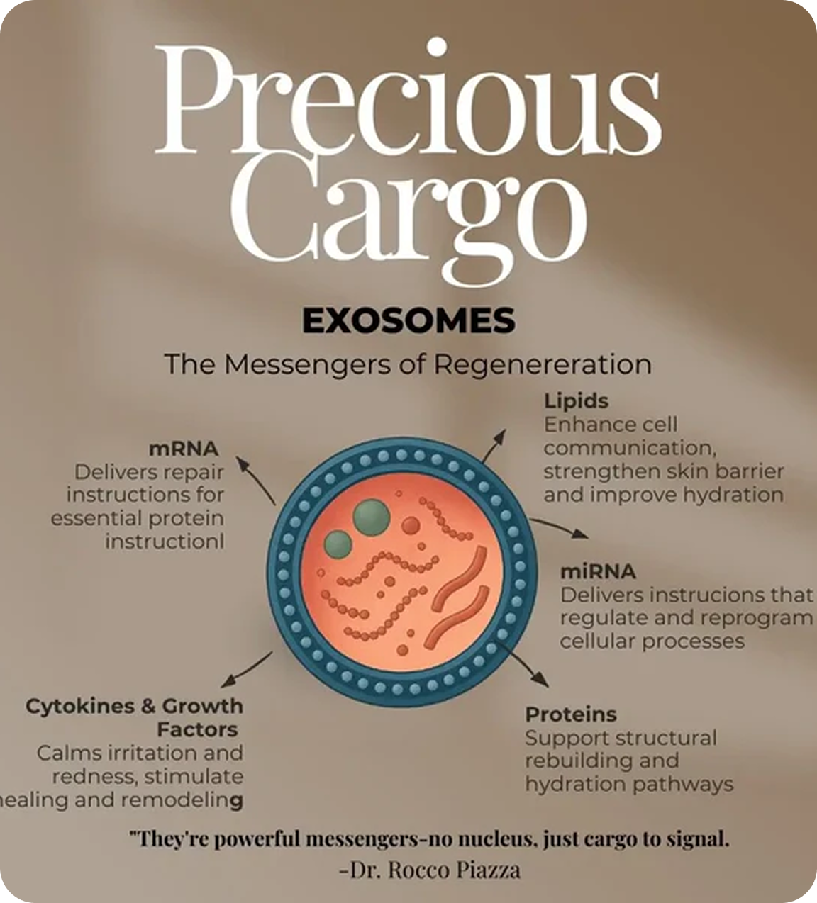 An infographic diagram explaining the components and functions of an exosome, titled 'Precious Cargo'.
