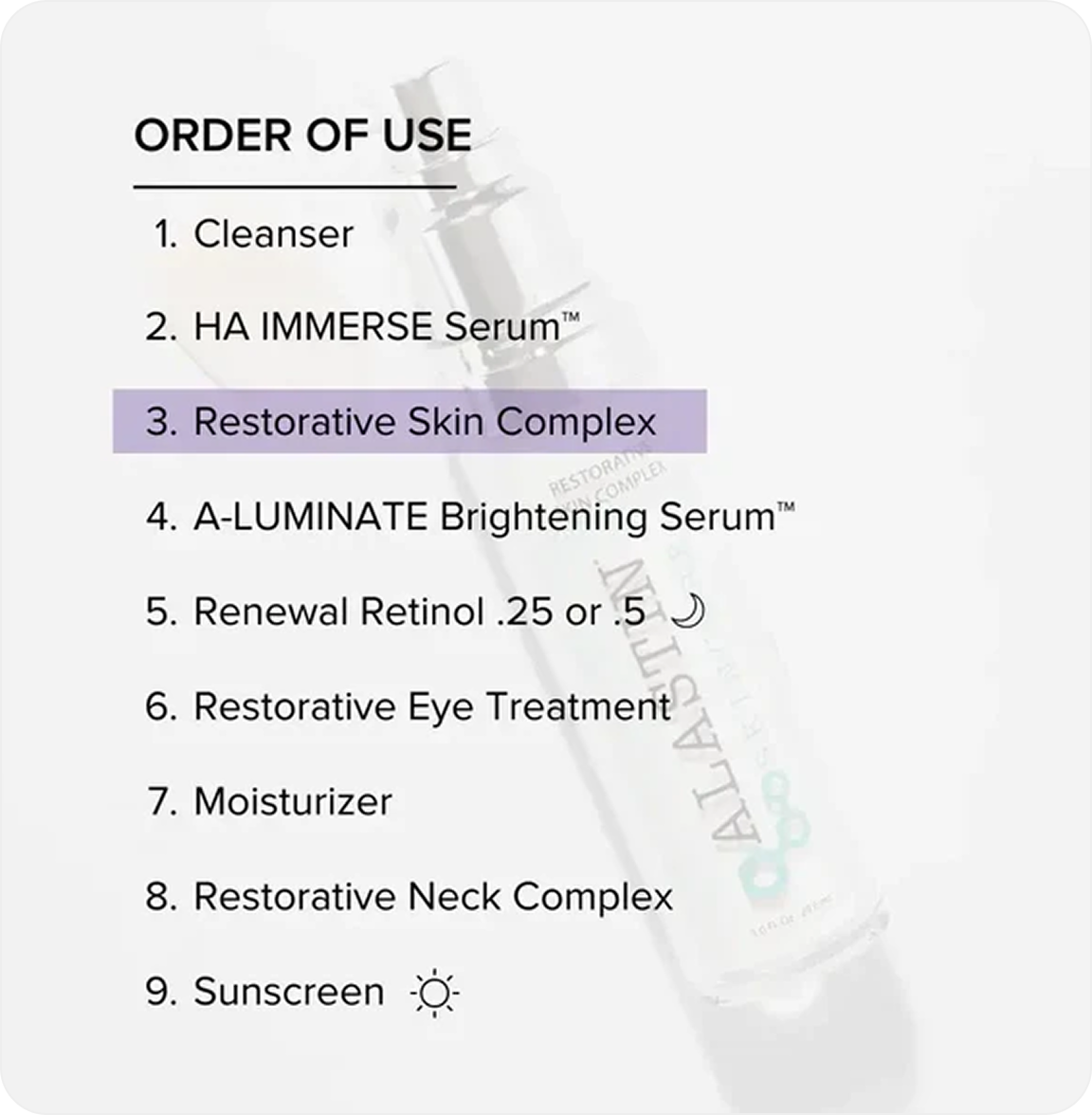 A graphic showing the nine-step 'Order of Use' for a skincare routine with step three, 'Restorative Skin Complex,' highlighted.