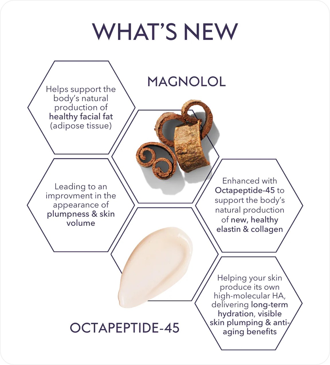 Infographic detailing the benefits of Magnolol and Octapeptide-45 with images of tree bark and a cream swatch.