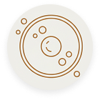 A circular beige icon with a brown line drawing of a stylized solar system.