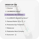 A numbered list showing the order of use for skincare products, with 'Restorative Skin Complex' highlighted.