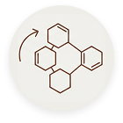 A circular icon depicting a chemical structure with four hexagons and a curved arrow.