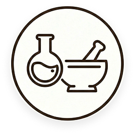 A circular icon with a line drawing of a chemistry flask and a mortar and pestle.