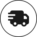 A black icon of a speeding delivery truck inside a white circle on a black background.