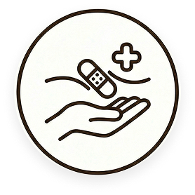 A circular icon showing a hand, a floating bandage, and a medical plus sign.