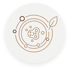 A stylized icon of cells in a petri dish with a leaf and orbiting circles.