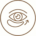 A circular brown line-art icon of an eye with an under-eye patch and an arrow pointing away from it.
