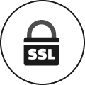 A circular icon of a gray padlock with the letters SSL on its body.