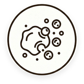 A circular brown line-art icon of a sudsy sponge and bubbles.
