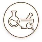 A circular icon showing a flask, a mortar and pestle, and a magnifying glass.