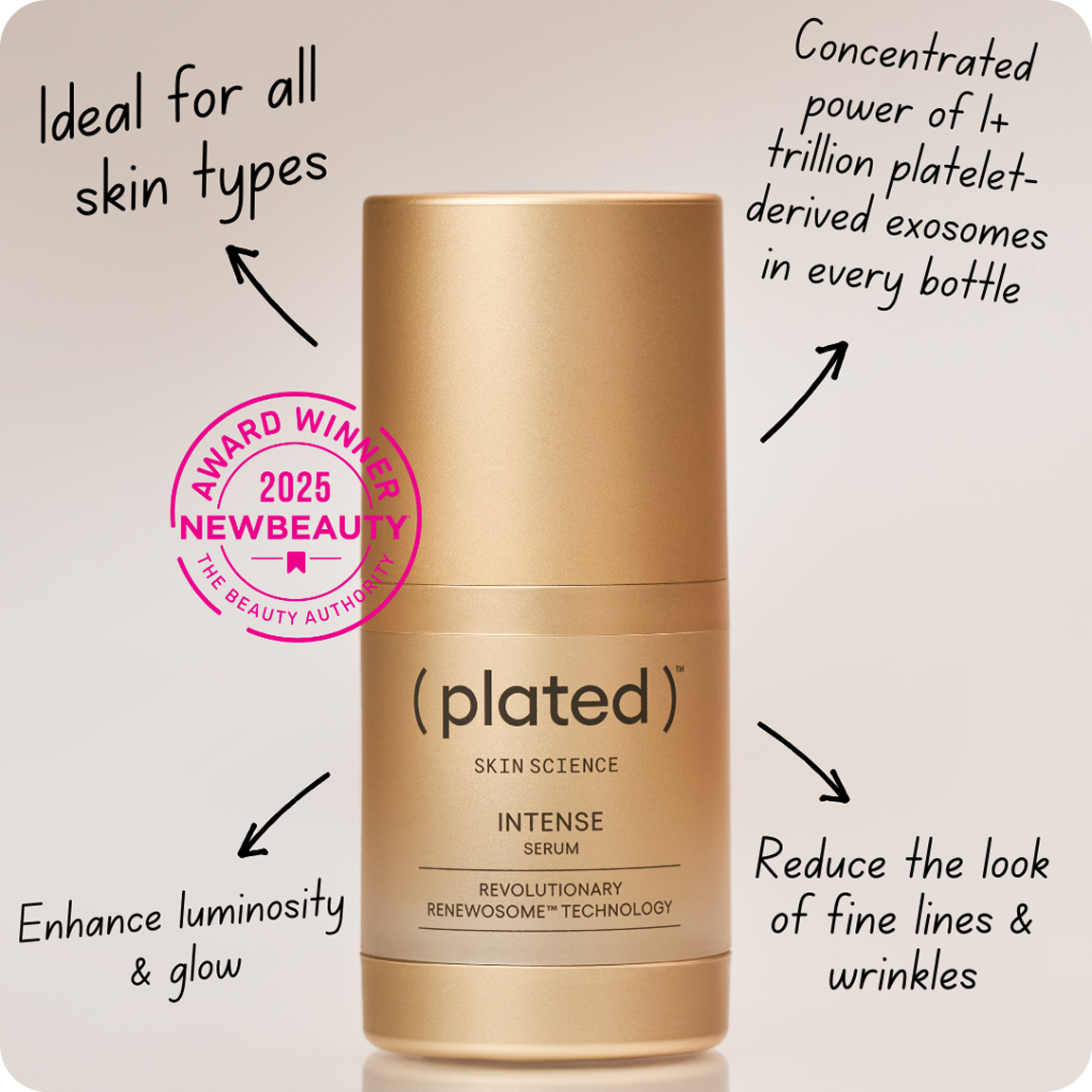 A gold bottle of Plated Skin Science Intense Serum with callouts describing its benefits and an award seal.
