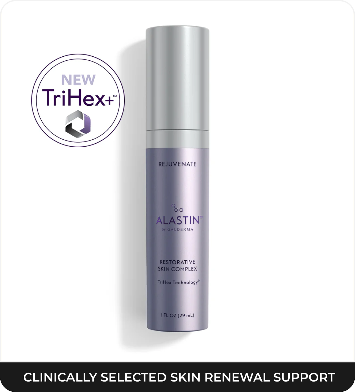 A purple and silver bottle of Alastin Restorative Skin Complex with a 'New TriHex+' badge.