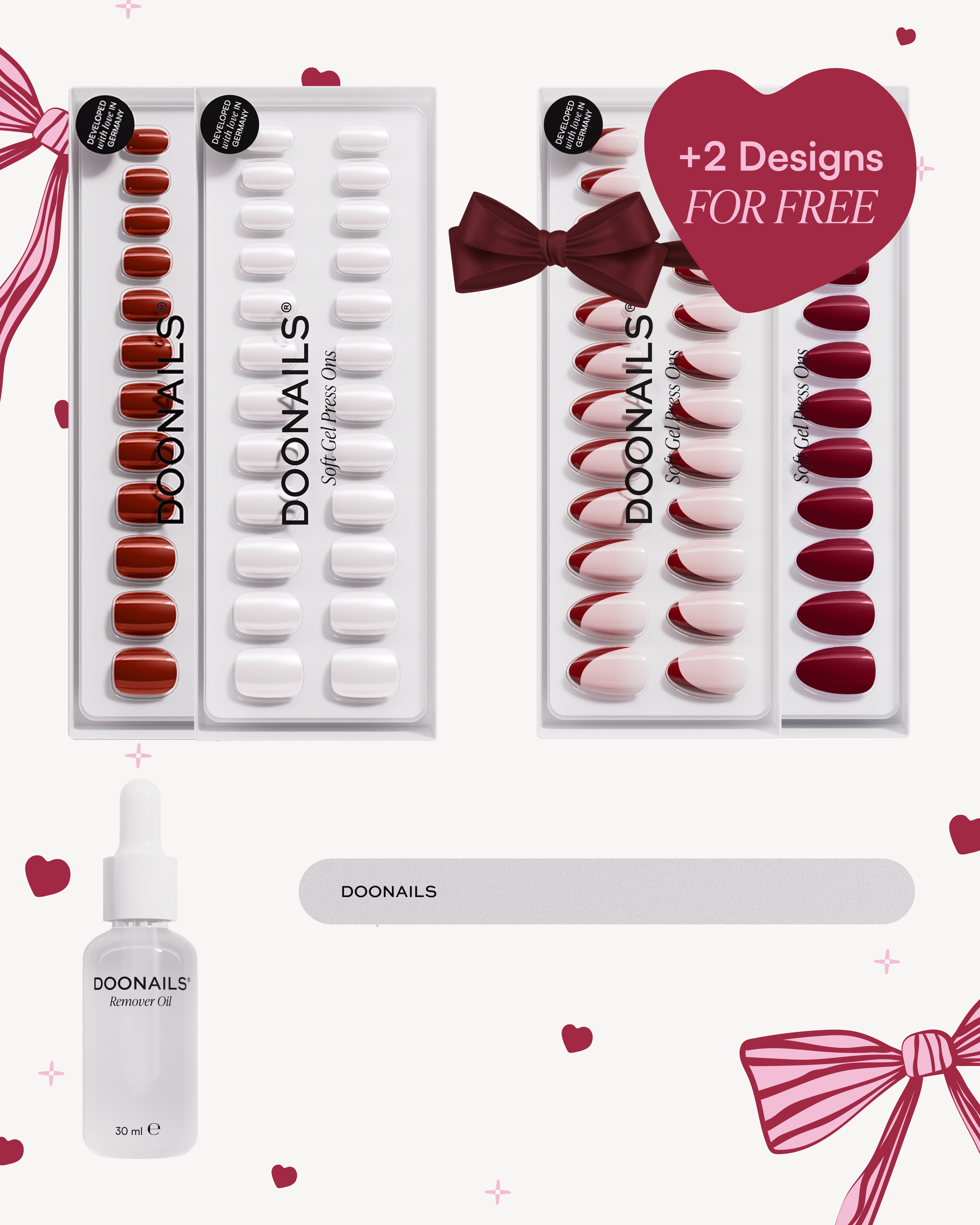 A collection of DOONAILS press-on nails, remover oil, and a nail file against a decorative background.