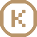 A brown circular logo with a letter 'K' in the center on a black background.