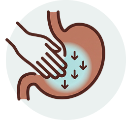 An illustration of a hand on a stomach with arrows pointing down inside, symbolizing digestive relief.