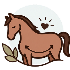 A cartoon illustration of a peaceful brown horse with a heart over its back and a smiling arrow on its belly.