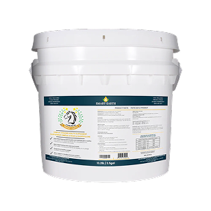 A large white bucket of Smart Earth equine supplement on a white background.