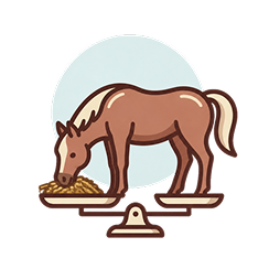 An illustration of a brown horse eating from a pile of feed on a balanced scale.