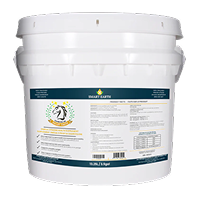 A large white plastic bucket of Smart Earth horse supplement with a horse logo on the label.