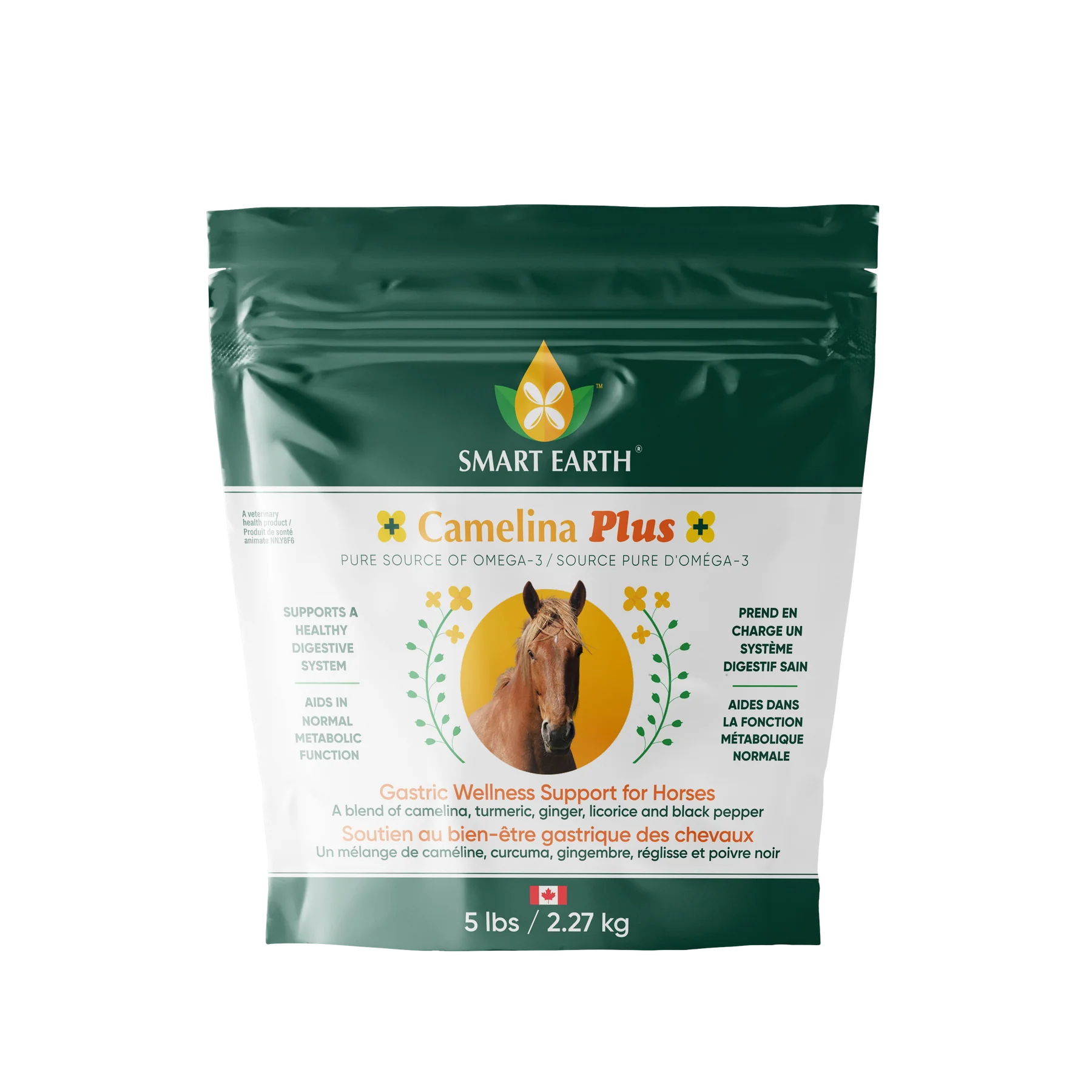 A green and white bag of Smart Earth Camelina Plus gastric wellness support supplement for horses.