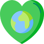 A green heart icon with a small globe of the Earth at its center.
