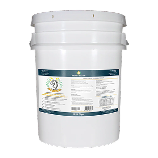 A white 5-gallon pail of Smart Earth equine supplement against a white background.