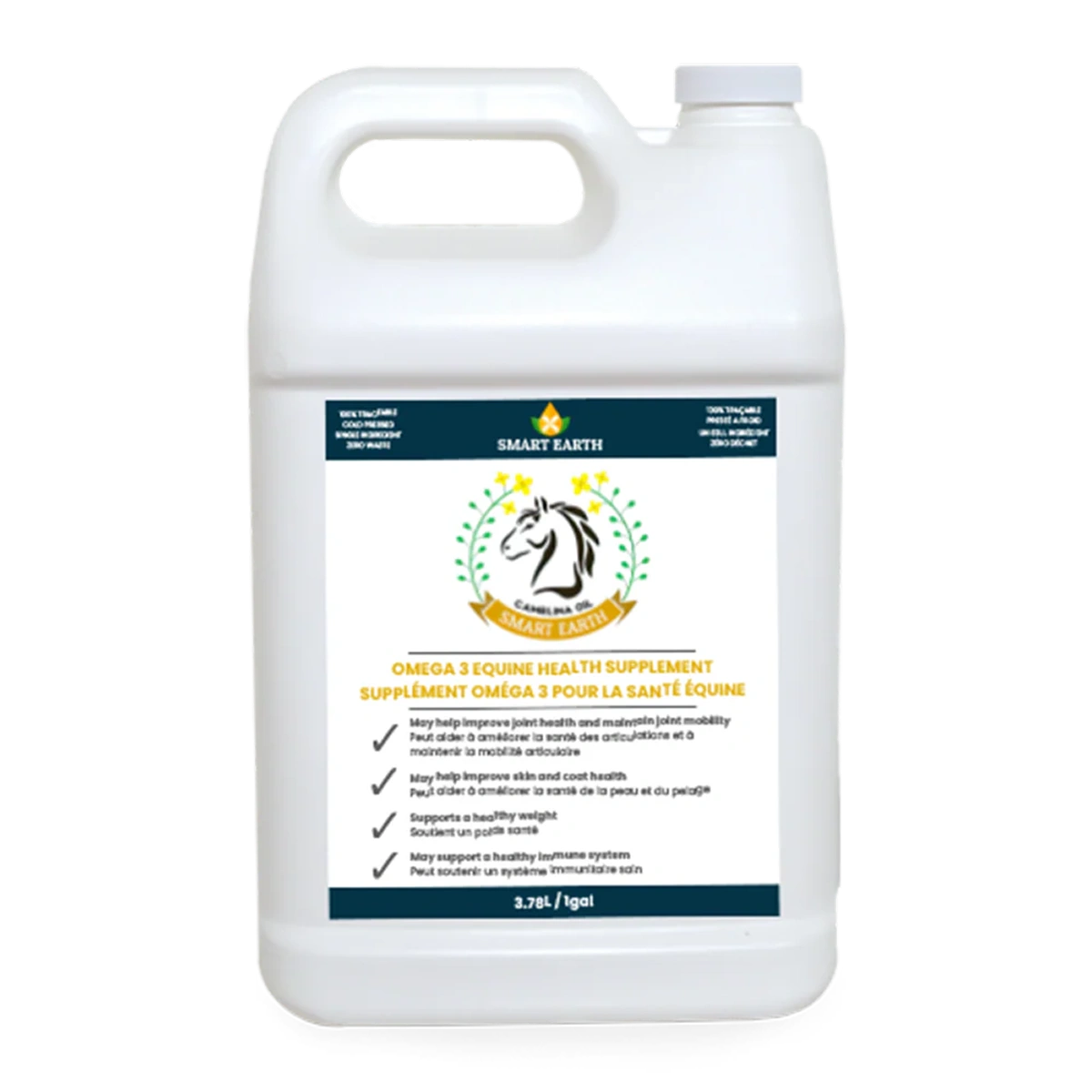A white gallon jug of Smart Earth Omega 3 Equine Health Supplement against a white background.