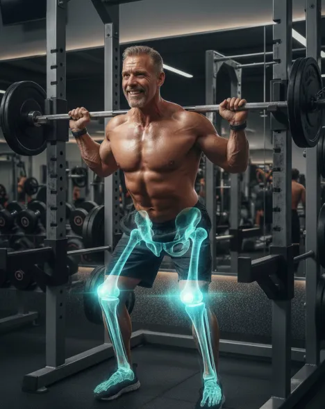 Man lifting weights with digital overlay showing bones and joints.