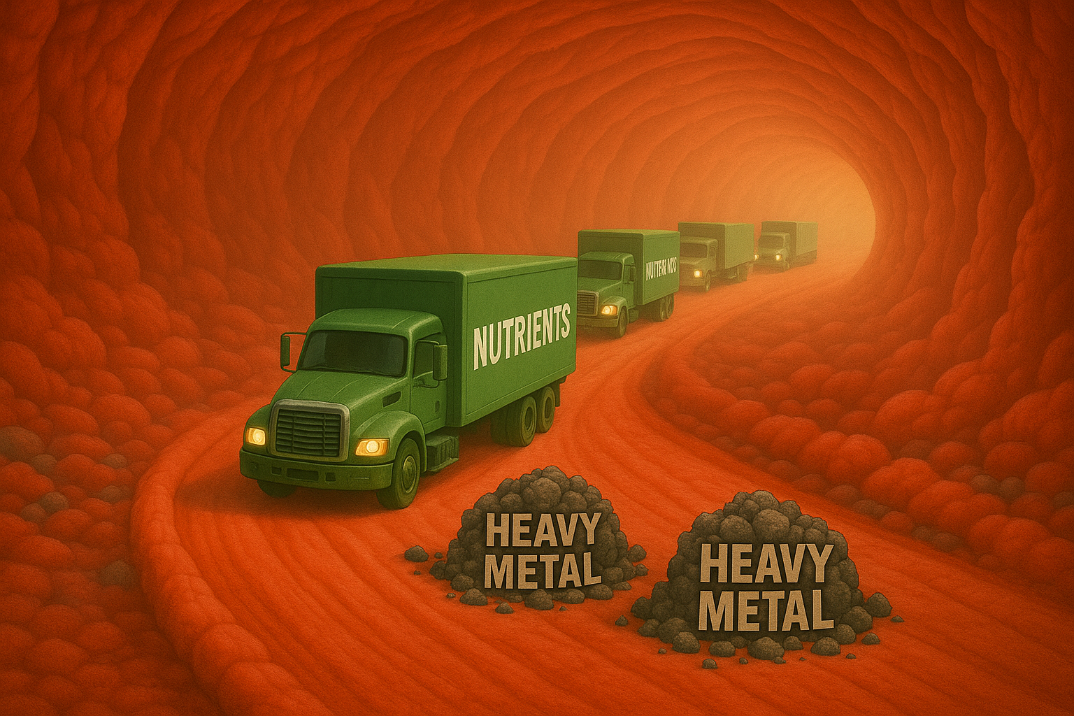 Green trucks labeled 'Nutrients' in a tunnel with piles labeled 'Heavy Metal.'