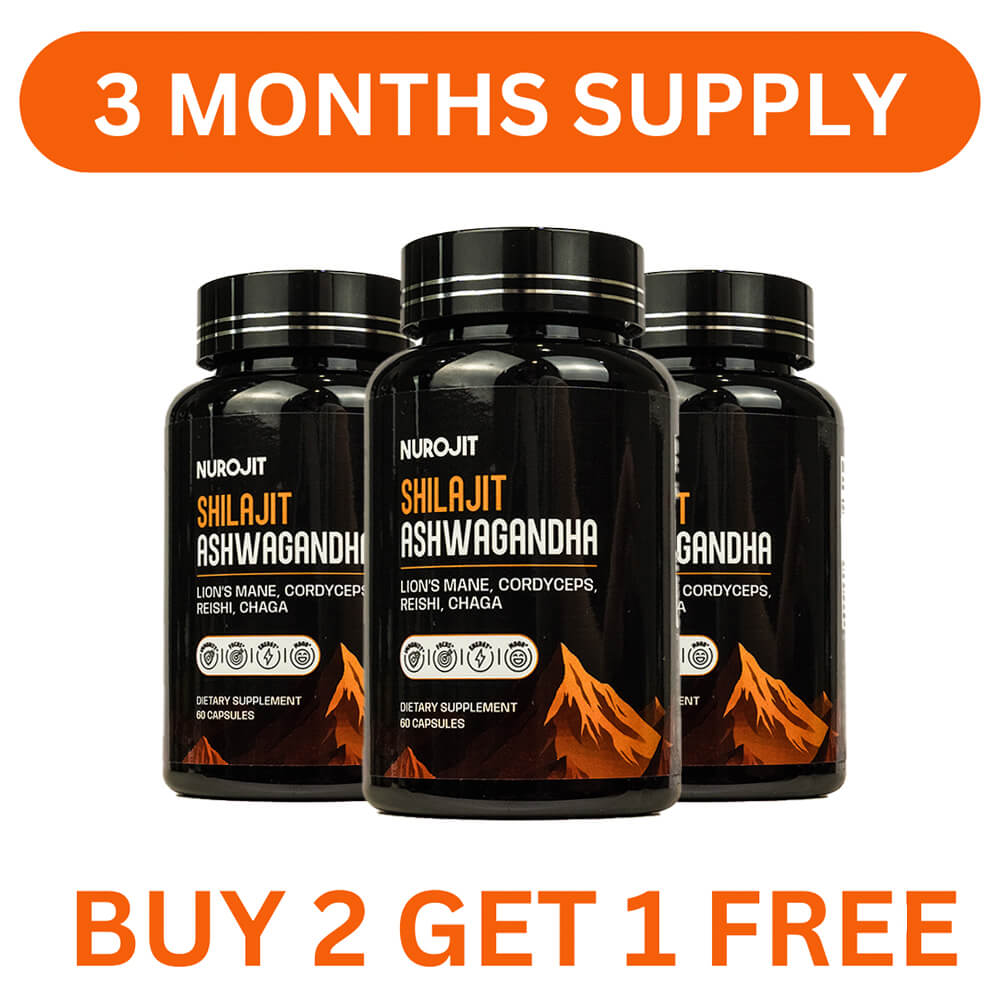 Three bottles of Shilajit Ashwagandha dietary supplement with promotional offers.