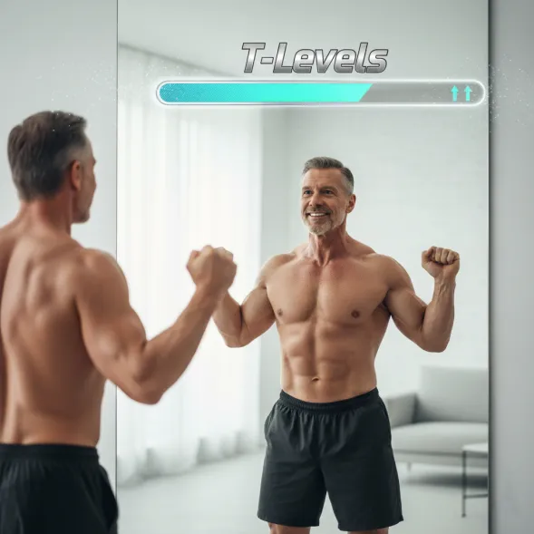 Shirtless man flexing muscles in front of a mirror with 'T-Levels' text above.