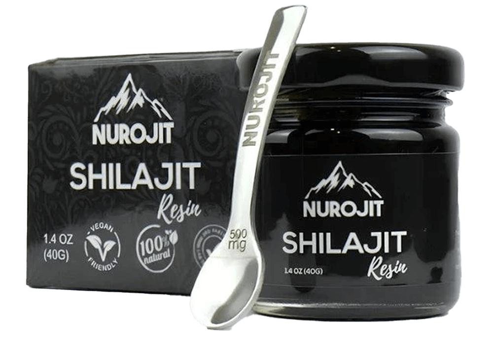 Black jar and box of 'Nurojit Shilajit Resin' with a small white spoon.