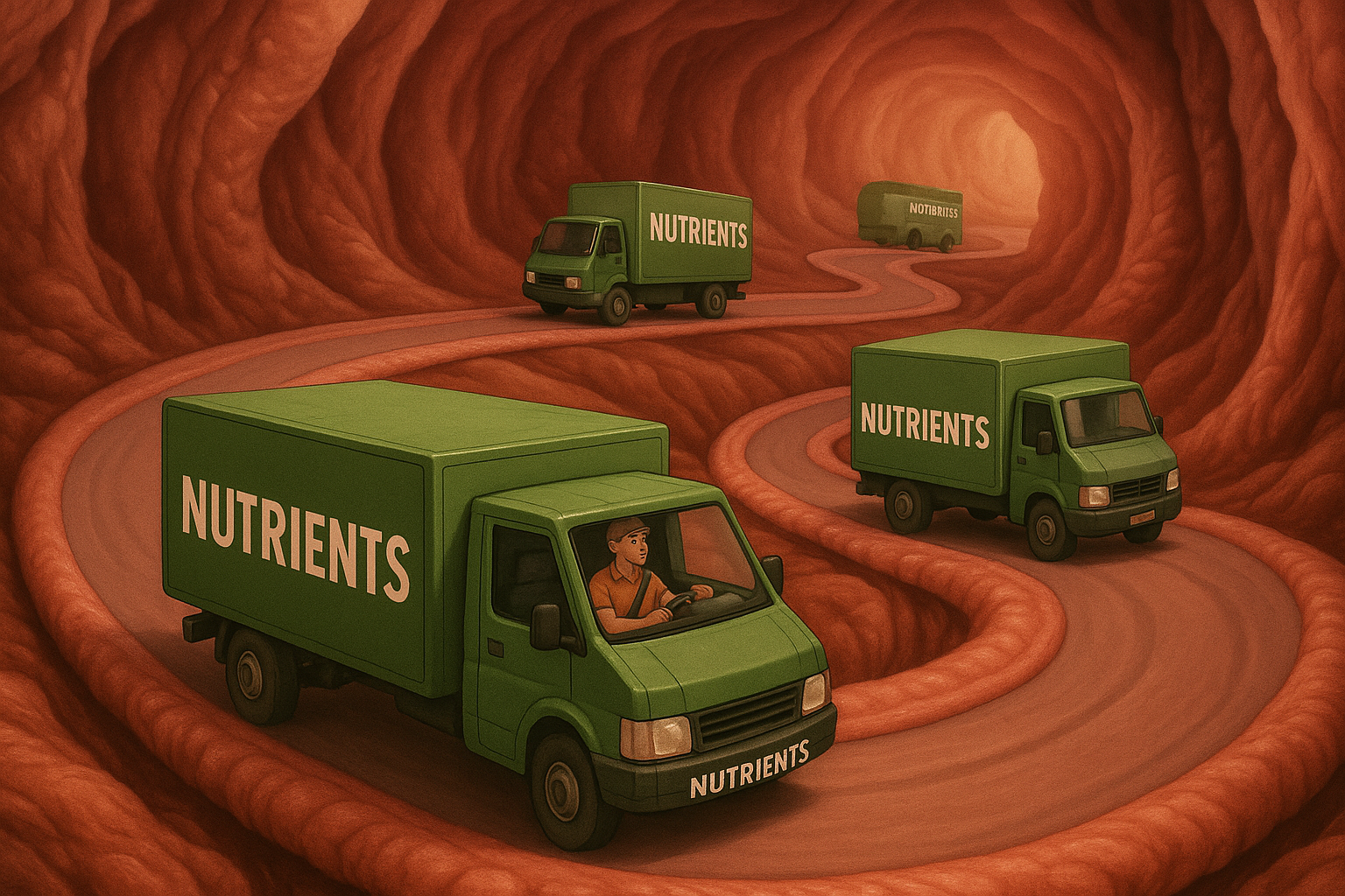 Green trucks labeled 'Nutrients' driving through a tunnel resembling an organic structure.