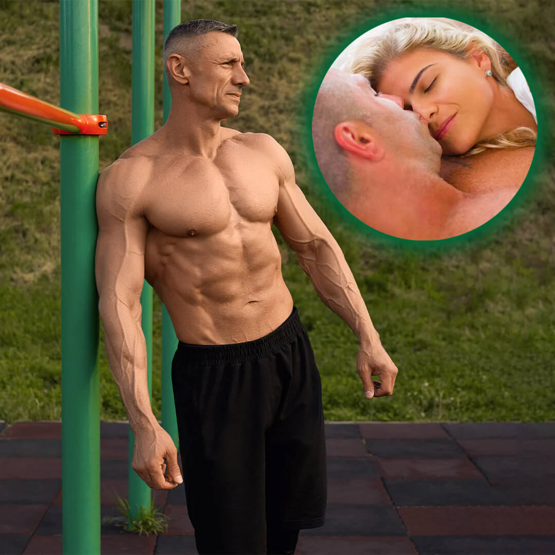Muscular man outdoors, with an inset of a couple embracing.