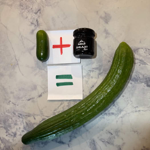 Small cucumber, jar, and large cucumber with plus and equals signs on paper.