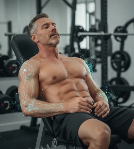 Man exercising on gym bench with digital effects on arms.