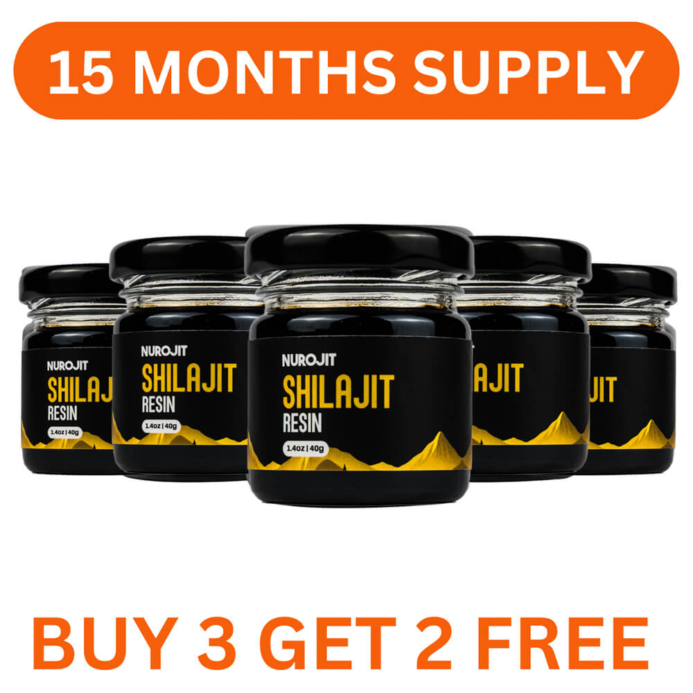 Five jars of Shilajit resin with promotional text '15 months supply', 'Buy 3 Get 2 Free'.