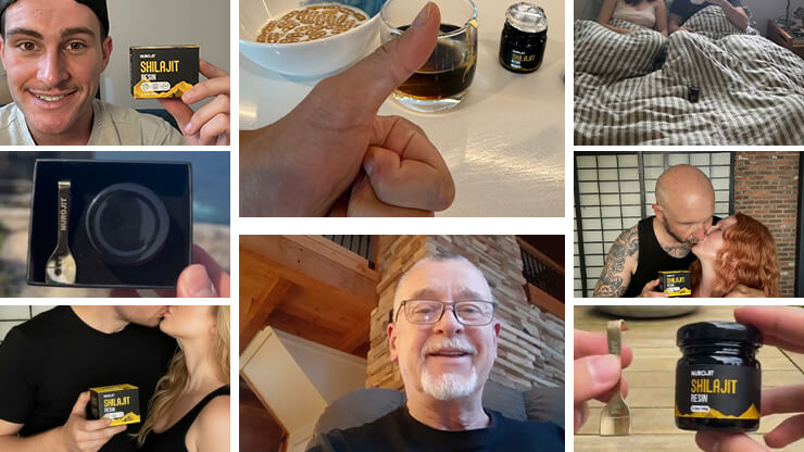 Collage of people with Shilajit product, a thumbs up, and intimate moments.