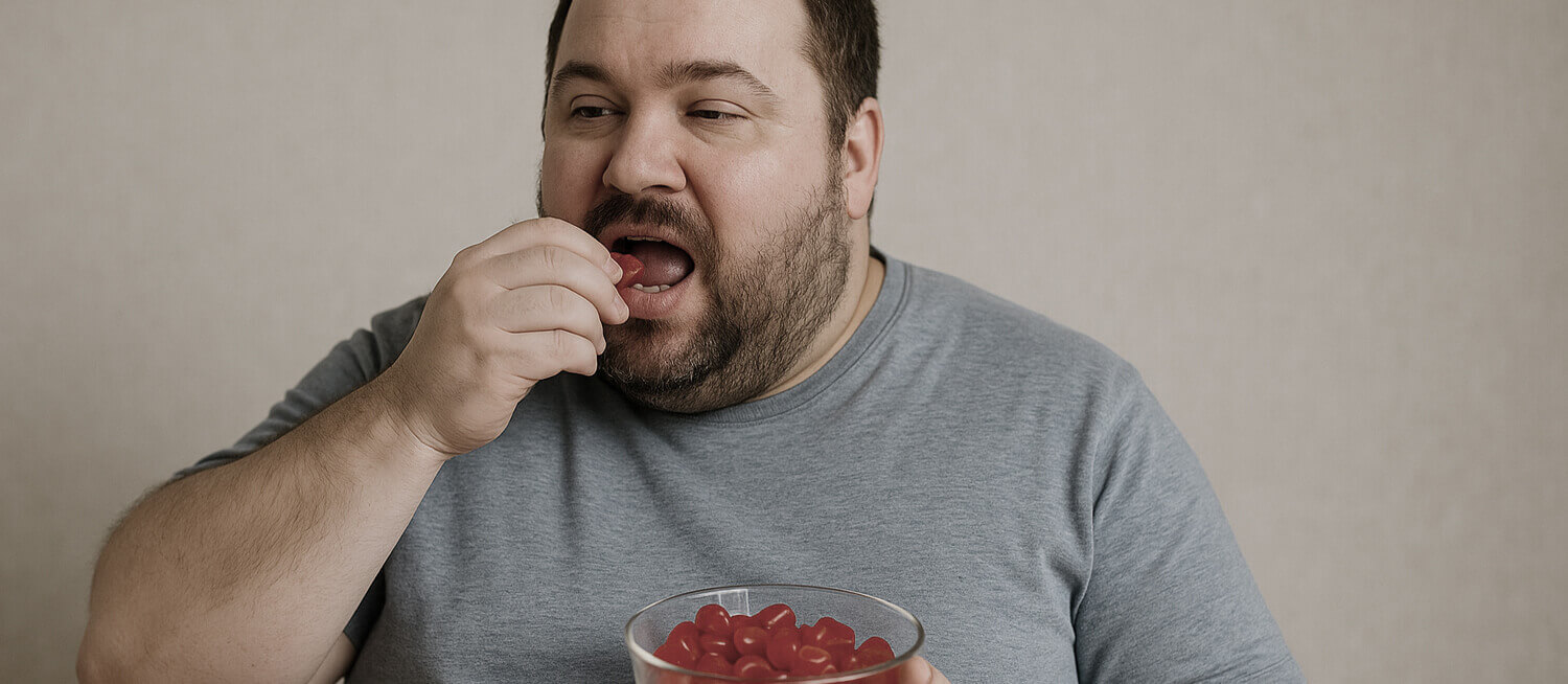 Person eating red candies from a bowl.