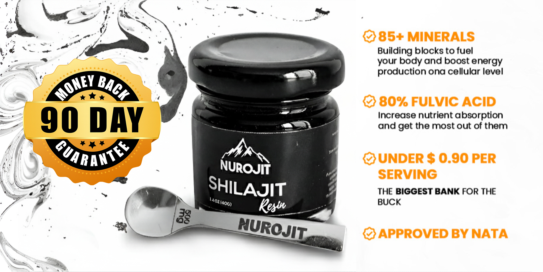 Black jar labeled Nurojit Shilajit Resin with a metal spoon and text highlights.