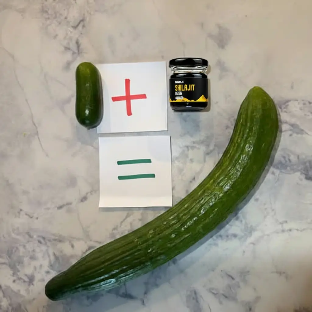 Small cucumber and jar next to a large cucumber with plus and equal signs.