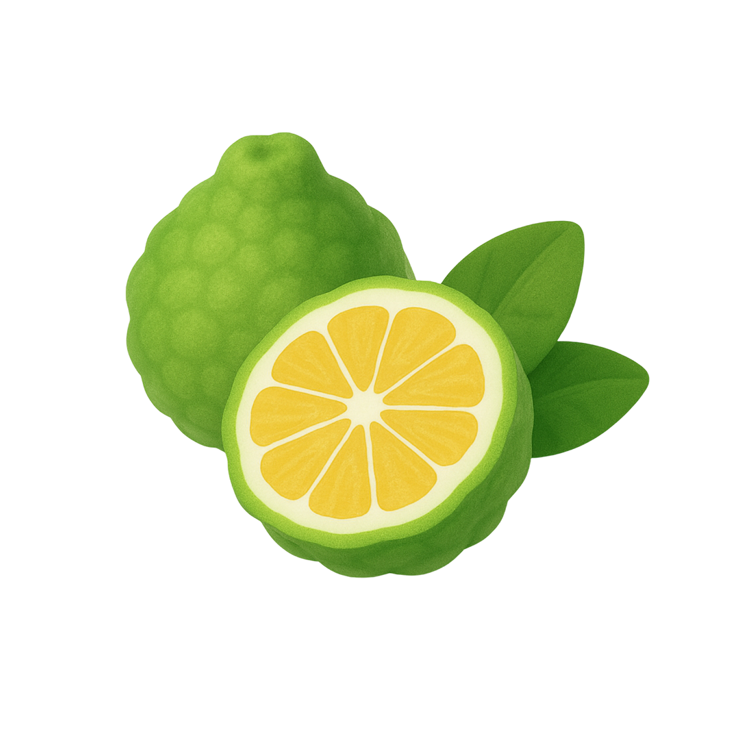 Illustration of a whole and sliced green citrus fruit with leaves.