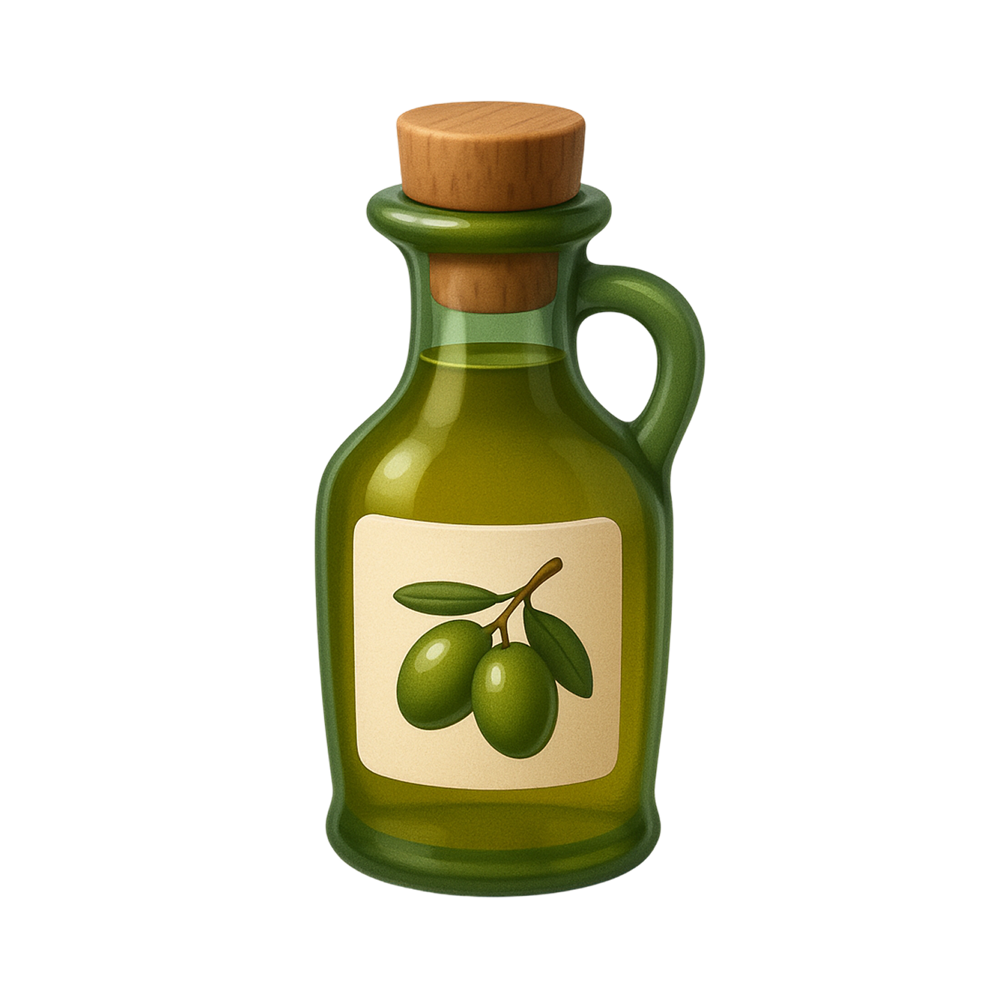 Illustration of a green glass bottle with olives on the label.