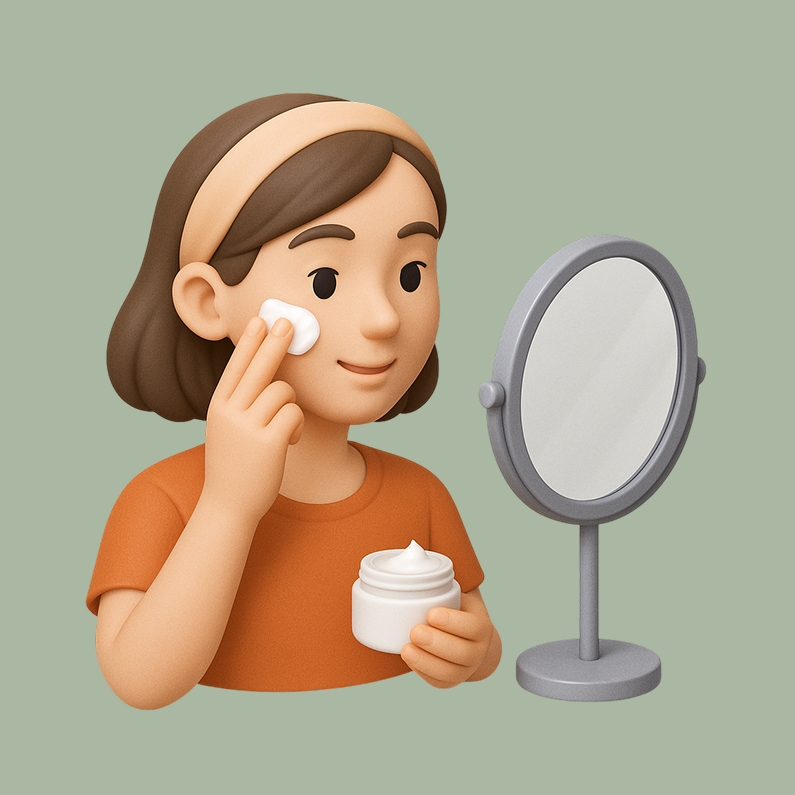 Illustration of a person applying cream to their face in front of a mirror.