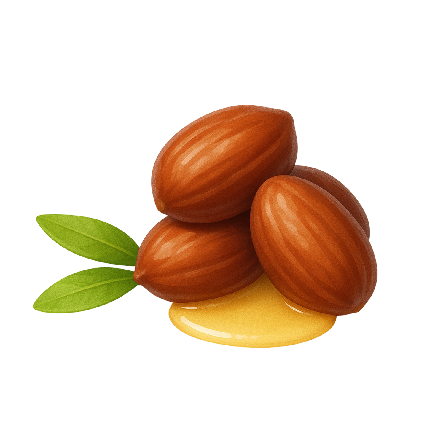 Illustration of brown nuts with green leaves and yellow liquid.